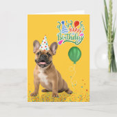 Tan French Bulldog Party Hat Yellow Birthday カード (正面)