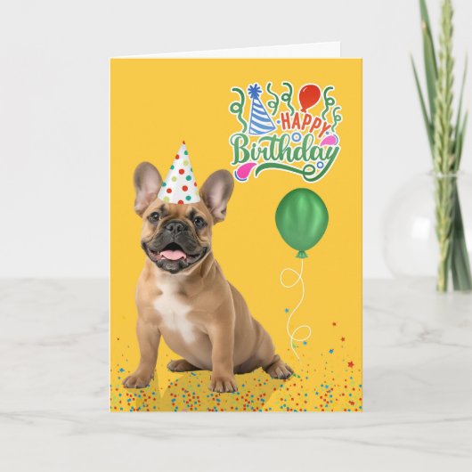Tan French Bulldog Party Hat Yellow Birthday カード (正面)