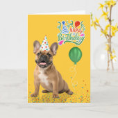 Tan French Bulldog Party Hat Yellow Birthday カード (黄色い花)