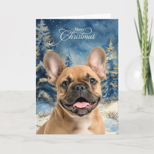 Tan French Bulldog Pine Winter Forest Christmas シーズンカード (正面)