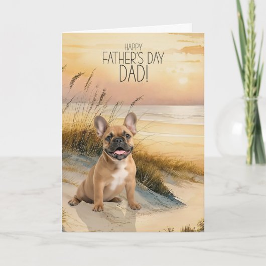 Tan French Bulldog Sunset Beach Father's Day シーズンカード (正面)