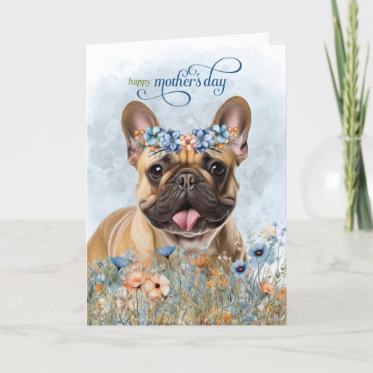 Tan French Bulldog Wildflowers Mother's Day シーズンカード (正面)