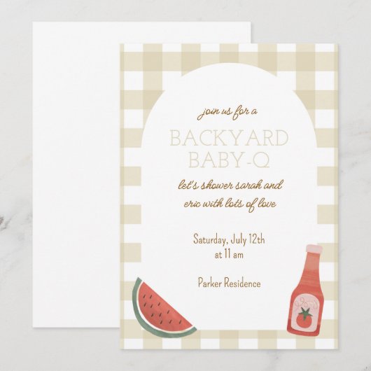 Tan Gingham Baby-Q Baby Shower Invitation 招待状 (正面/裏面)