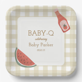 Tan Gingham Baby-Q Square Plate ペーパープレート