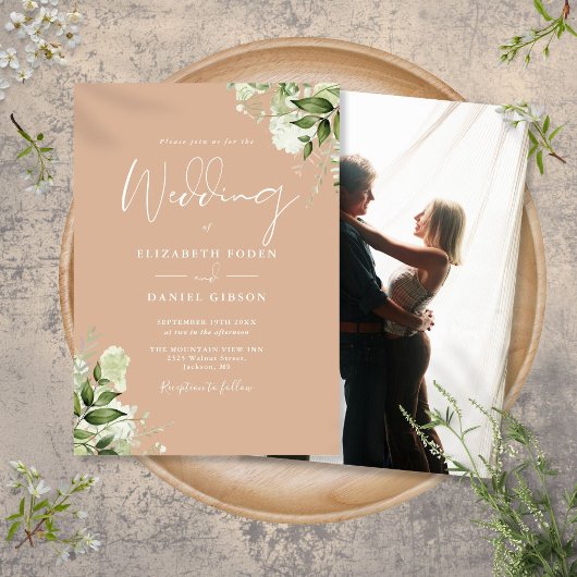 Tan Greeneryエレガントフローラ結婚写真 招待状