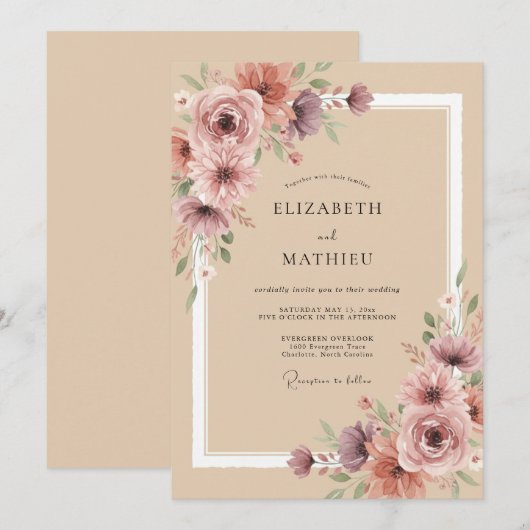 Tan Lush Botanical Wedding 招待状 (正面/裏面)