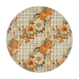 TAN PLAID WITH ORANGE FALL AUTUMN FLOWERS カッティングボード