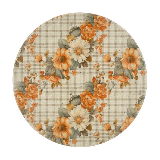 TAN PLAID WITH ORANGE FALL AUTUMN FLOWERS カッティングボード (正面)