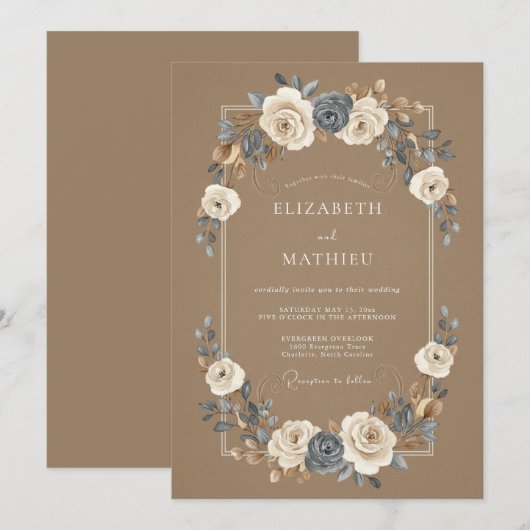 Tan Polished Botanical Wedding 招待状 (正面/裏面)