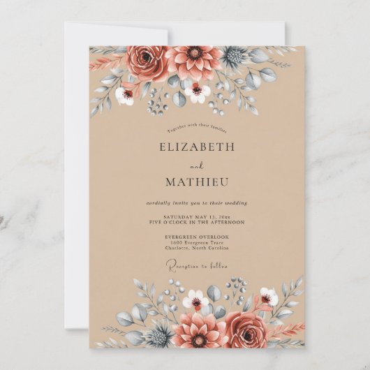 Tan Rustic Botanical Autumn Wedding 招待状 (正面)