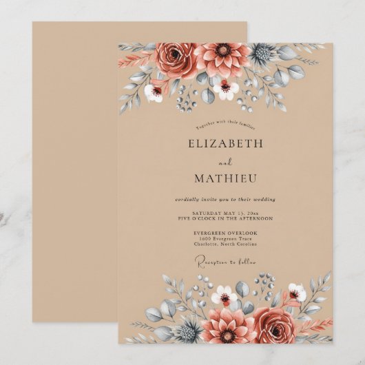 Tan Rustic Botanical Autumn Wedding 招待状 (正面/裏面)
