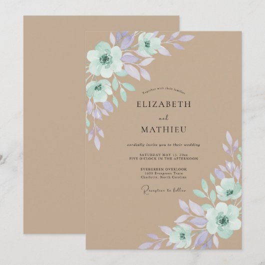 Tan Whimsical Meadow Wedding 招待状 (正面/裏面)