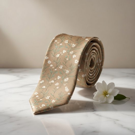 Tan Wildflower Delicate White Blossom & Leaves  ネクタイ