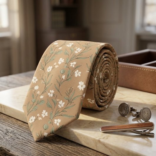 Tan Wildflower Delicate White Blossom & Leaves  ネクタイ