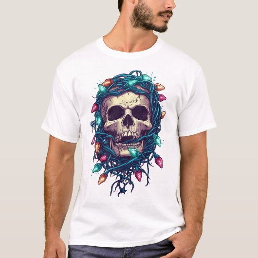 Tangled Skullmas � Funny Xmas Skeleton Tシャツ (正面)