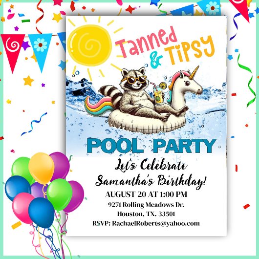 Tanned & Tipsy Raccoon Birthday Pool Party 招待状