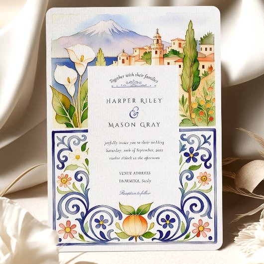 Taormina Sicily & Italian Tile Watercolor Wedding 招待状