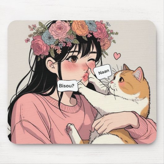 Tapis de souris le jeune femme et son grumpy cat マウスパッド (正面)
