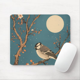 Tapis De Souris - Moonlit Bird on Blossom Branch マウスパッド