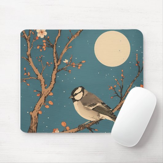 Tapis De Souris - Moonlit Bird on Blossom Branch マウスパッド (マウス)