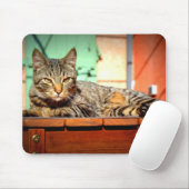 Tapis souris chat tigré sur une table de jardin マウスパッド (マウス)