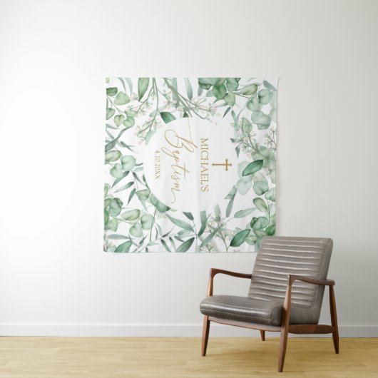 Tapiz Baptism Eucalyptus greenery backdrop banner タペストリー (インサイチュ(横))