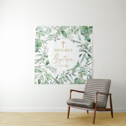 Tapiz  Baptism Eucalyptus greenery backdrop banner タペストリー (インサイチュ)