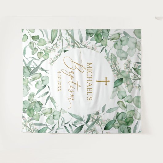Tapiz Baptism Eucalyptus greenery backdrop banner タペストリー (正面(横))