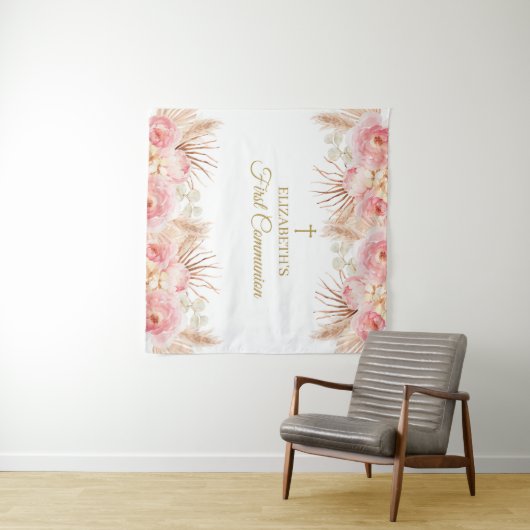 Tapiz Pink Floral First Communion Backdrop banner タペストリー (インサイチュ(横))