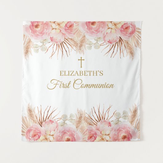 Tapiz Pink Floral First Communion Backdrop banner タペストリー (正面)