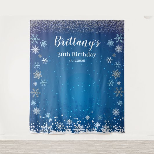 Tapiz Snow Blue Winter Birthday Backdrop banner タペストリー (正面)