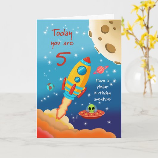 Tarjeta 5th Birthday Stellar Adventure Space Rocke カード (黄色い花)