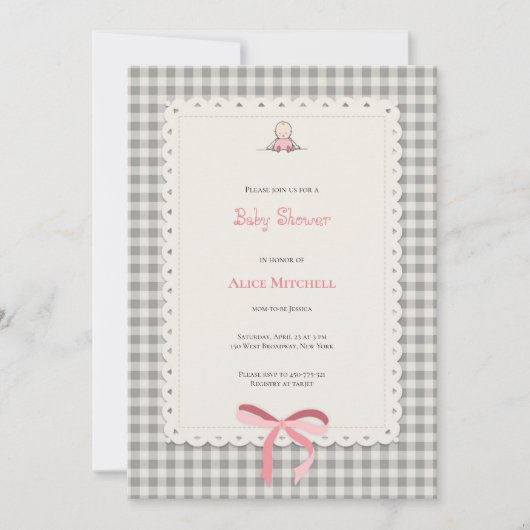 tarjeta baby shower gigham en rosa 招待状 (正面)