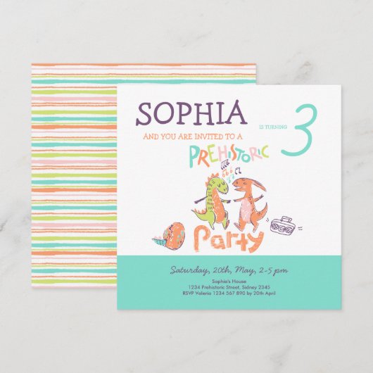Tarjeta Cumpleaños Prehistoric Party Dinos (正面/裏面)
