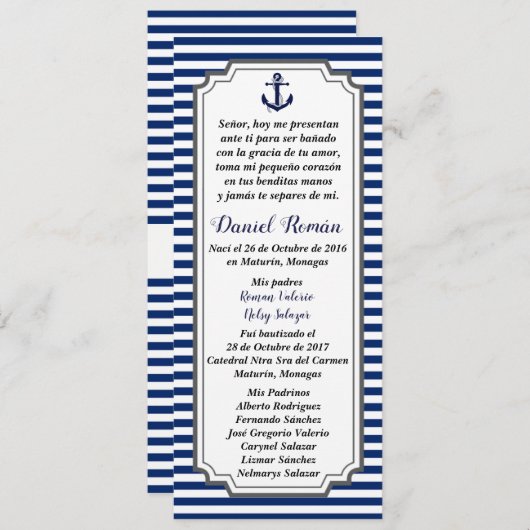 Tarjeta de Bautizo Nautico Ancla azul gris 招待状 (正面/裏面)