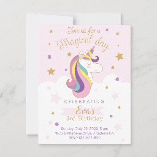 Tarjeta de invitación para cumpleaños unicornio (正面)