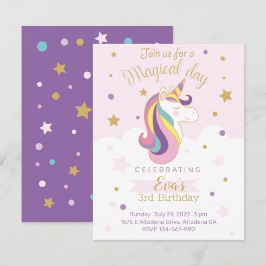 Tarjeta de invitación para cumpleaños unicornio (正面/裏面)