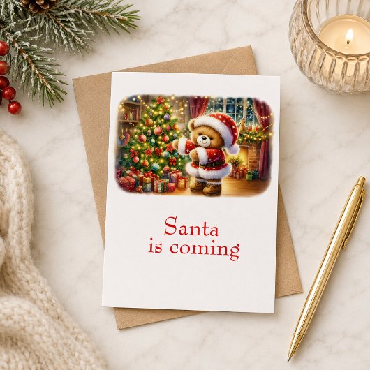 Tarjeta de Navidad con imagen de osito y árbol  カード