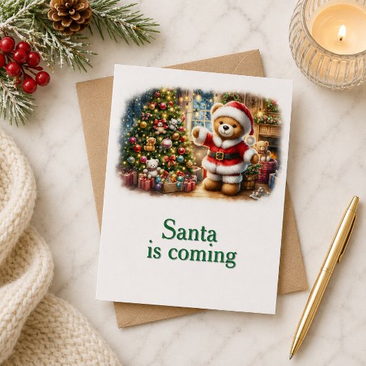 Tarjeta de Navidad con imagen de osito y árbol カード