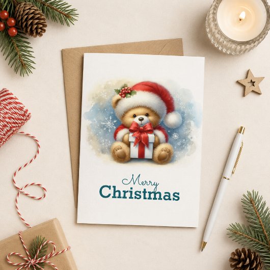 Tarjeta de Navidad con imagen de osito y regalos カード