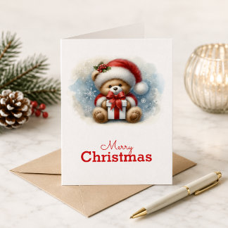 Tarjeta de Navidad con imagen de osito y regalos カード