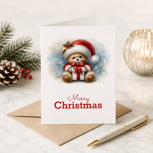 Tarjeta de Navidad con imagen de osito y regalos カード