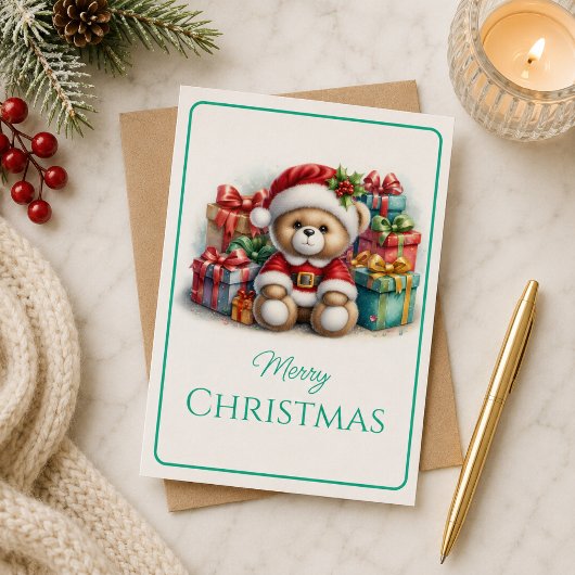 Tarjeta de Navidad con imagen de osito y regalos カード