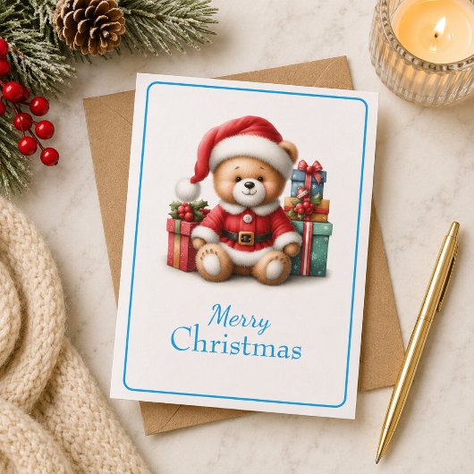 Tarjeta de Navidad con imagen de osito y regalos カード
