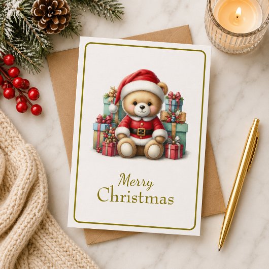 Tarjeta de Navidad con imagen de osito y regalos カード