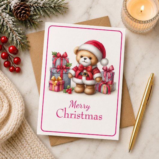 Tarjeta de Navidad con imagen de osito y regalos カード