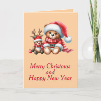 Tarjeta de Navidad con imagen de osito y reno. カード