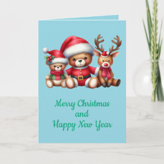 Tarjeta de Navidad con imagen de osito y reno. カード