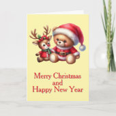 Tarjeta de Navidad con imagen de osito y reno. カード (正面)