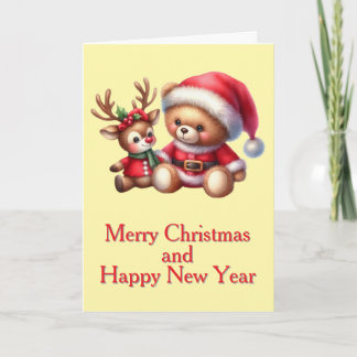 Tarjeta de Navidad con imagen de osito y reno. カード